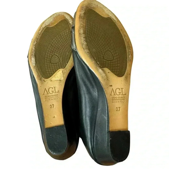 AGL Peep toe Wedge Twist Knot Flat Leather Wedge Black US 7 EUC - Picture 10 of 13
